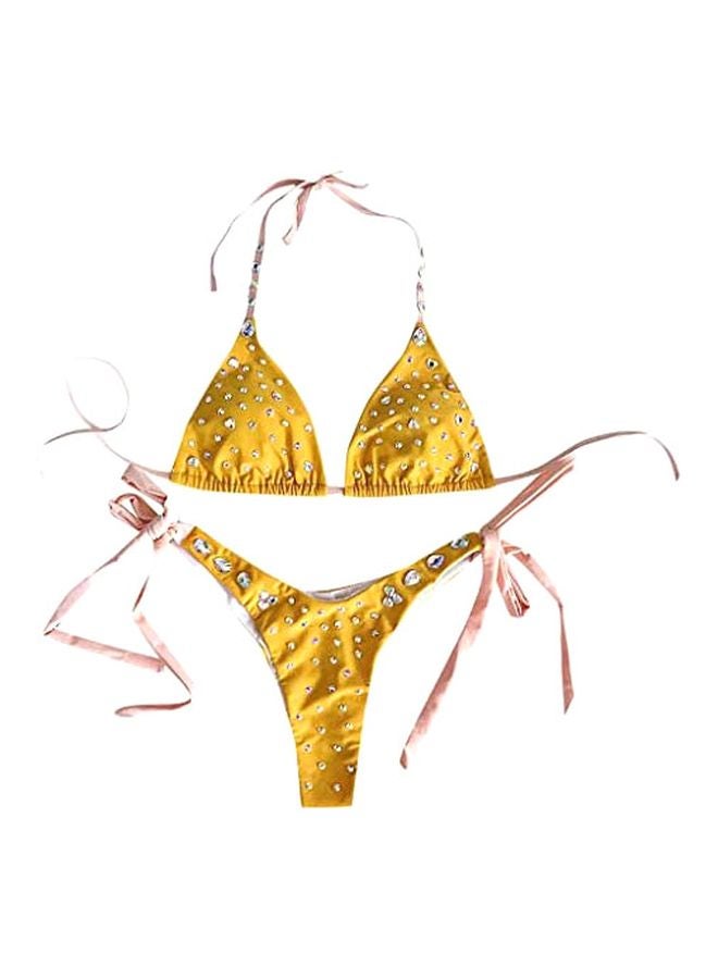 2-Piece Stone Studded Bikini Top And Bottom Set Yellow/Clear