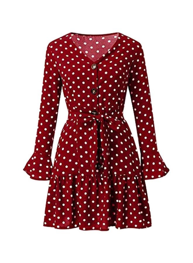 Polka Dot Printed Button Down Mini Dress Maroon/White  - Image 1