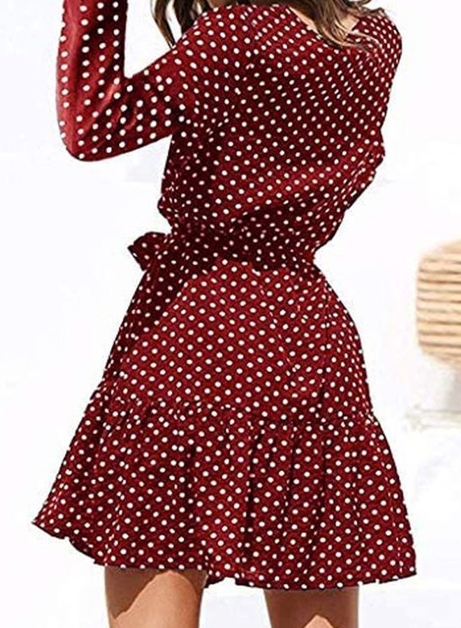 Polka Dot Printed Button Down Mini Dress Maroon/White  - Image 2