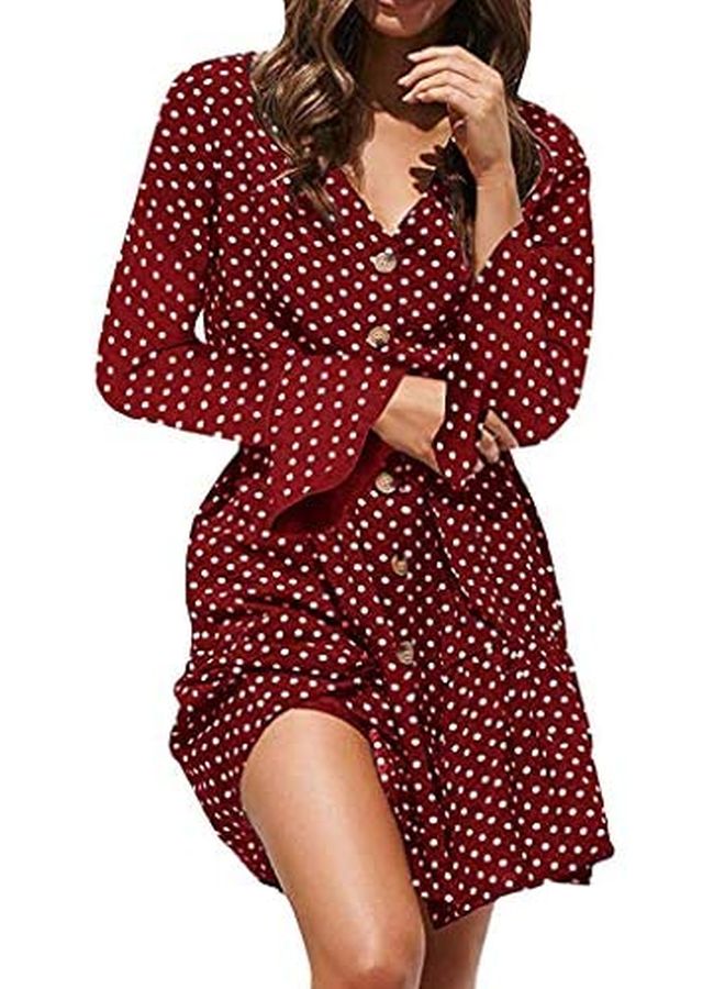 Polka Dot Printed Button Down Mini Dress Maroon/White  - Image 3