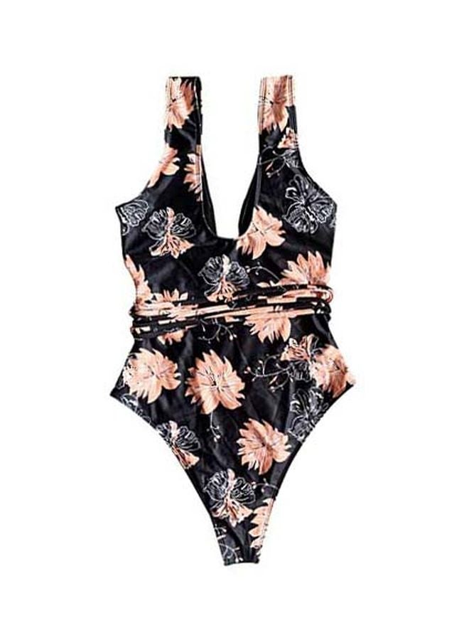 Generic - Floral Printed One Piece Swimsuit Black/Pink/White - Image 1