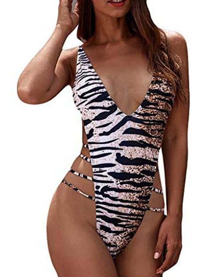Generic - Animal Print Design One Piece Swimsuit White/Black/Brown - Image 1