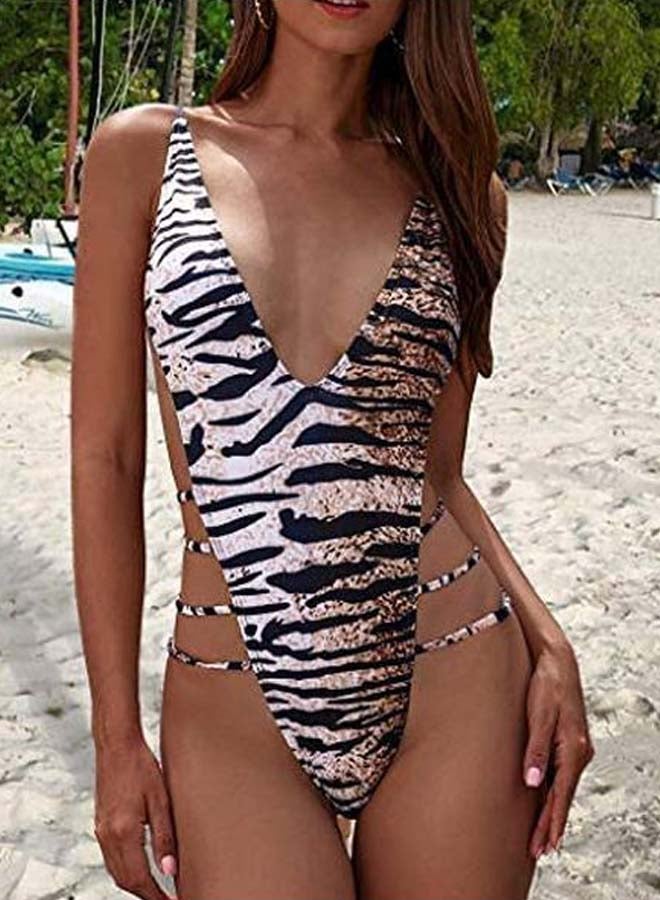 Generic - Animal Print Design One Piece Swimsuit White/Black/Brown - Image 1