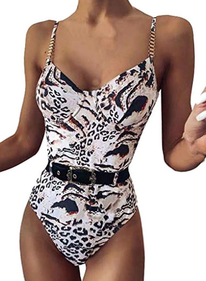 Animal Skin Printed Belt Detail Swimsuit Beige/Black/Brown  - Image 1