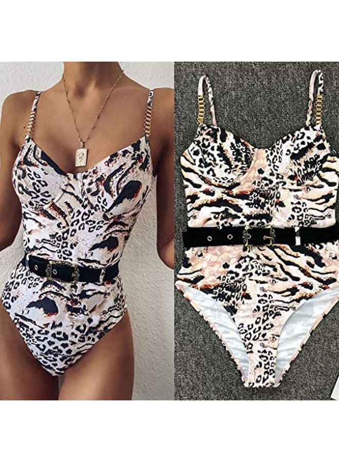 Animal Skin Printed Belt Detail Swimsuit Beige/Black/Brown  - Image 2