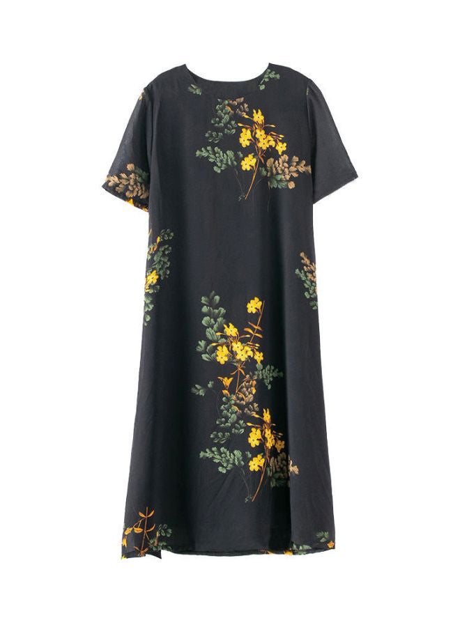 Floral Printed Midi Dress Black/Yellow/Green - Image 1