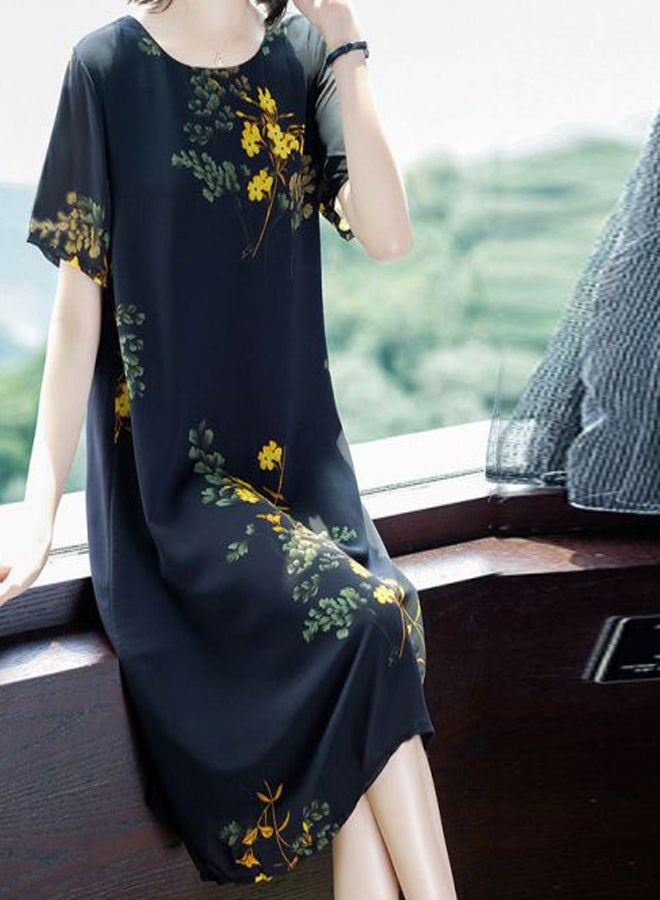 Floral Printed Midi Dress Black/Yellow/Green - Image 3