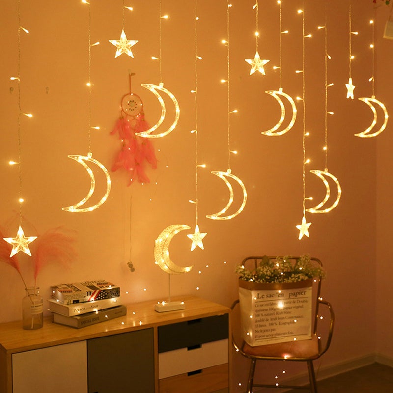 BZ1633 220v 138 Lights 6 Different Height Moon and Star Night Curtain Lights multicolour 30.00*7.00*20.00cm