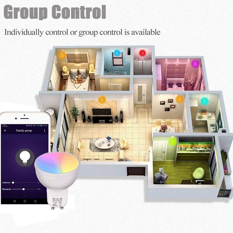 ماركة غير محددة - مصباح ذكي GU10/E27/GU5.3 يعمل عن طريق الواي فاي بإضاءة متعددة الألوان RGBW LED بقدرة 6 وات متعدد الألوان 7.00*5.50*5.50سم - Image 1