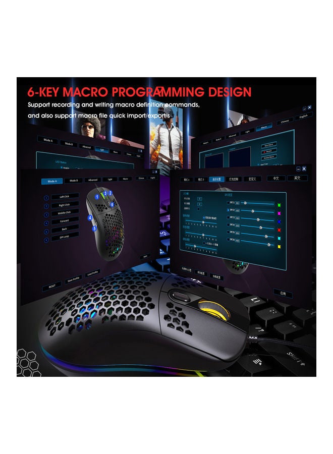 HXSJ - HXSJ X600 Programming Gaming Mouse USB Wired Gaming Mouse Rgb Lighting Mouse with Six Adjustable DPI For Desktop Laptop Black - Image 1