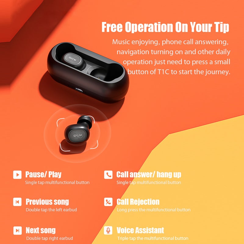 QCY - T1C TWS Wireless Bluetooth Headset Black - Image 1