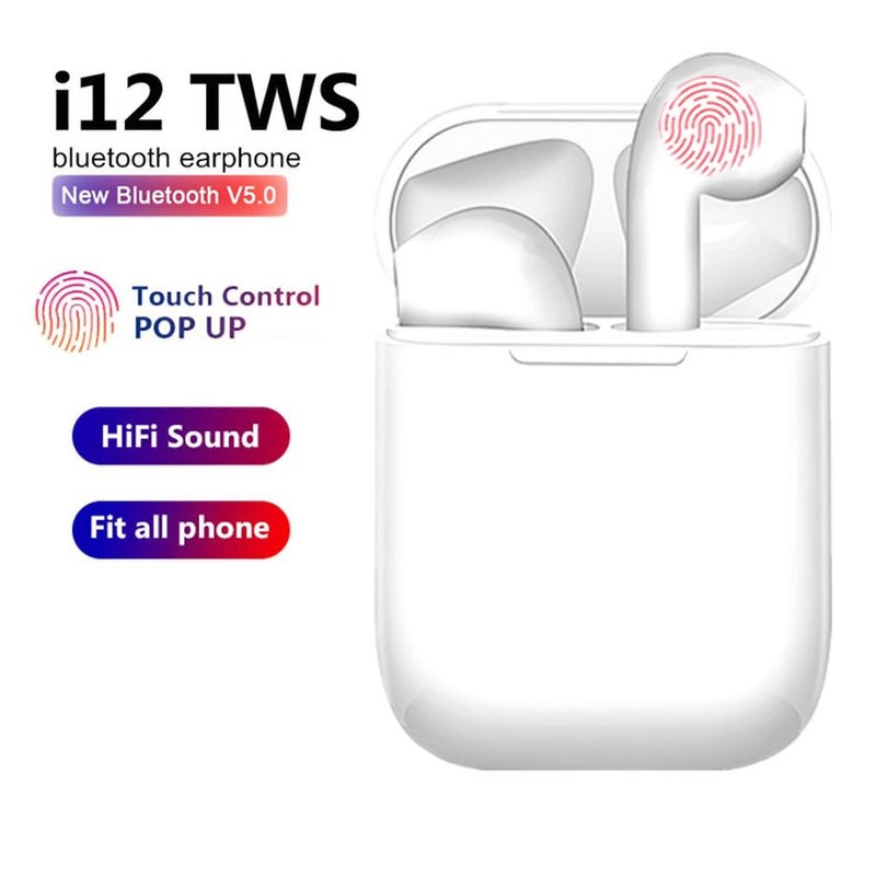 Generic - i12 TWS Popup Touch Control Bluetooth Wireless Earbuds White - Image 1