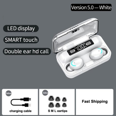 F9 6 TWS Bluetooth Wireless Led Power Display Earbuds With Touch Control White