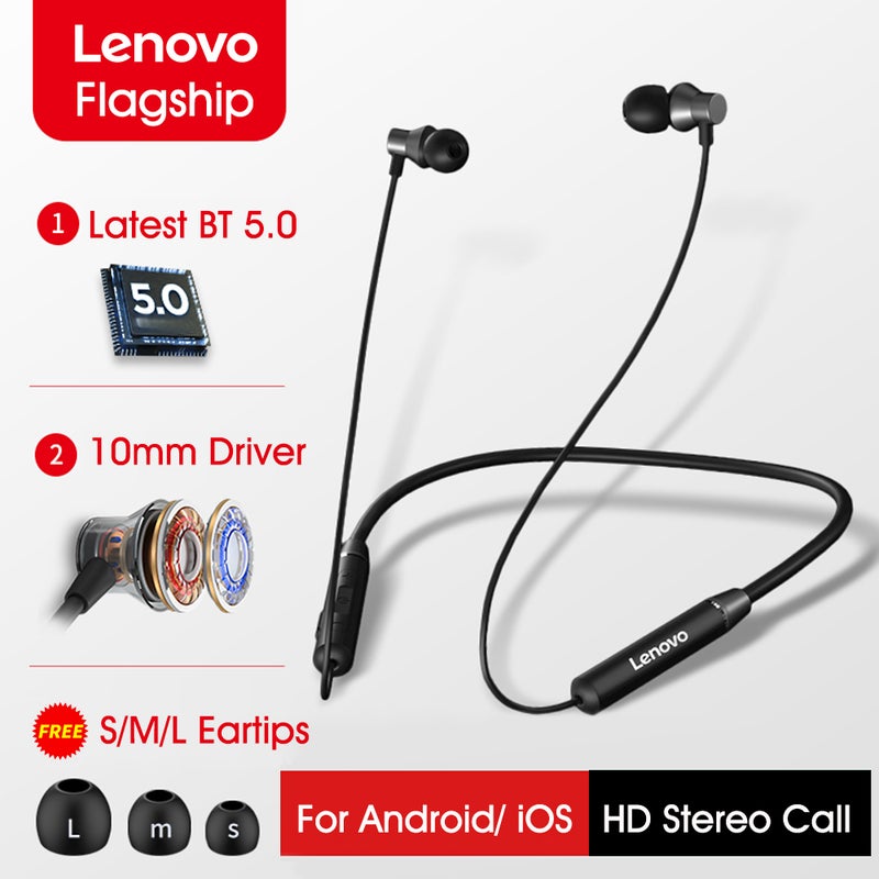 Lenovo - HE05 Bluetooth Wireless Neckband Stereo Earphone Black - Image 1