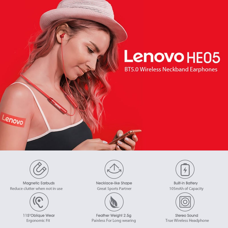 Lenovo - HE05 Bluetooth Wireless Neckband Stereo Earphone Black - Image 1