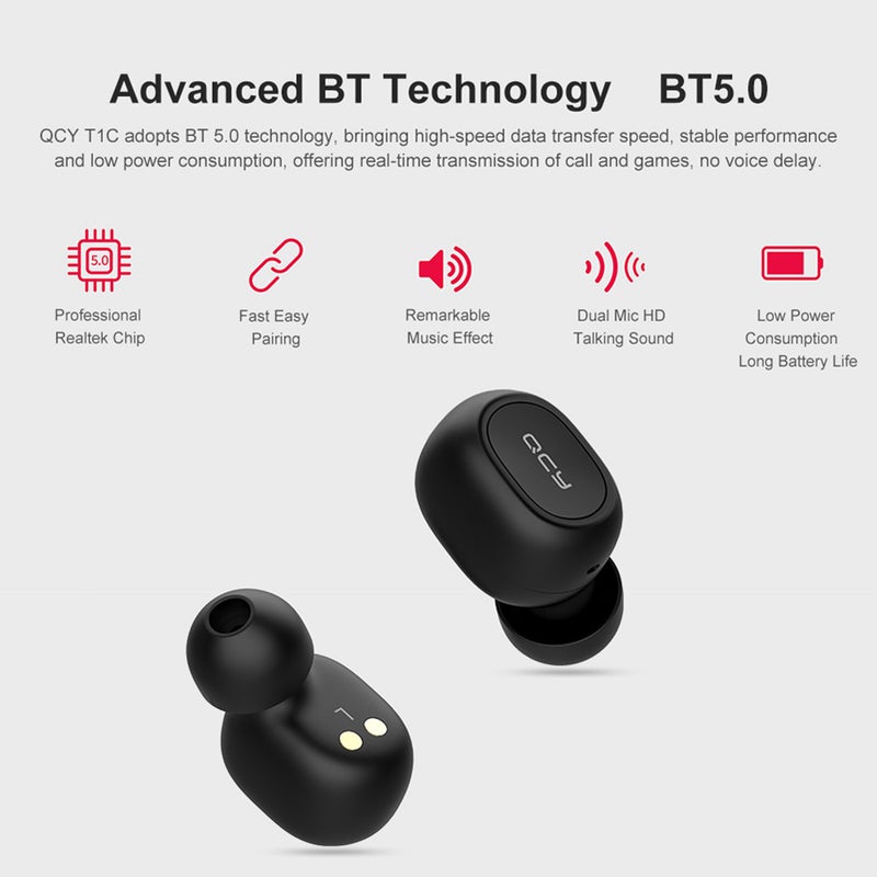 T1C Stylish Wireless In Ear Bluetooth Earbuds Black