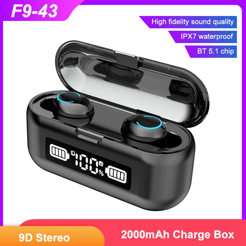 F9 43 Wireless Bluetooth Fingerprint Touch Control Earbuds With Round Light Black - Image 1