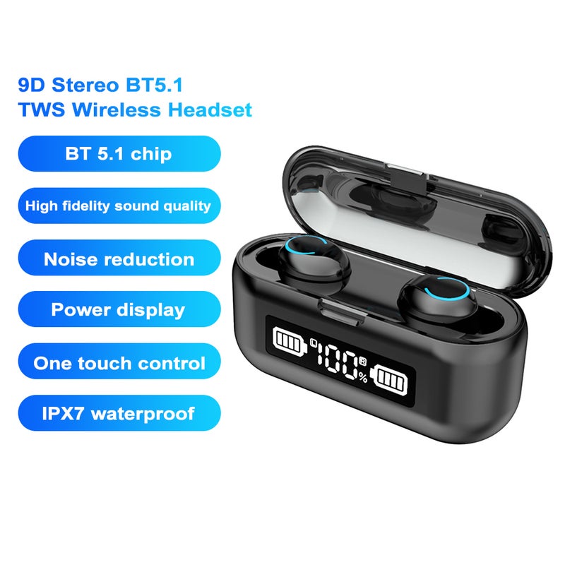 F9 43 Wireless Bluetooth Fingerprint Touch Control Earbuds With Round Light Black - Image 4