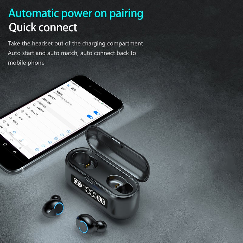 F9 43 Wireless Bluetooth Fingerprint Touch Control Earbuds With Round Light Black - Image 3