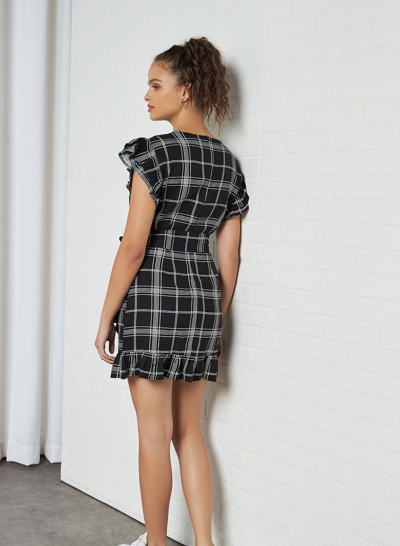 Generic Grid Print Mock Wrap Dress Black/Cream  - Image 2
