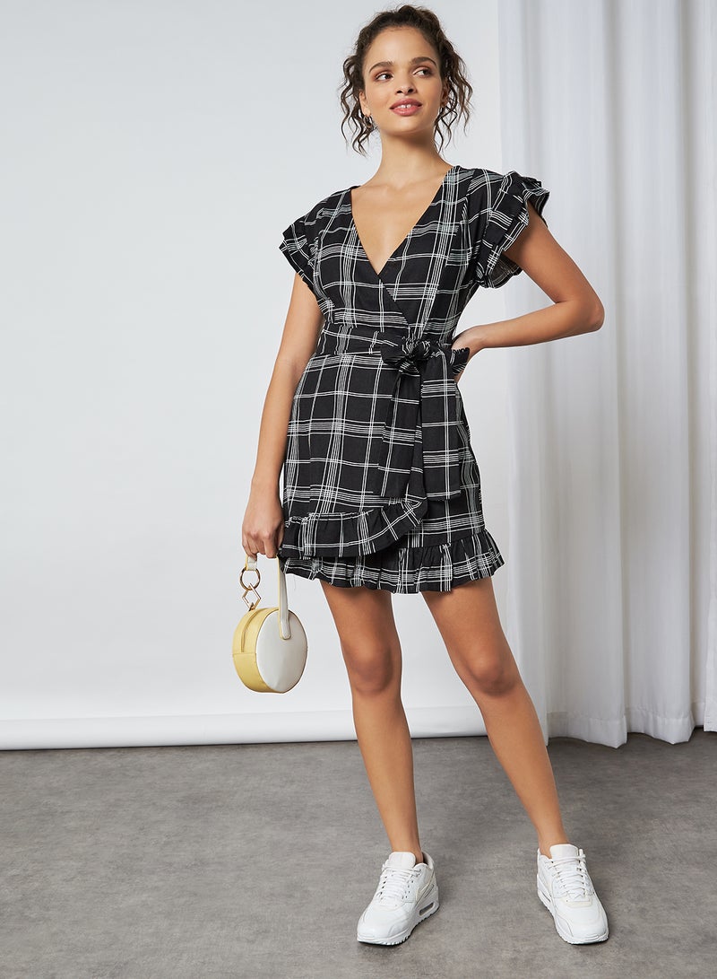 Generic Grid Print Mock Wrap Dress Black/Cream  - Image 3
