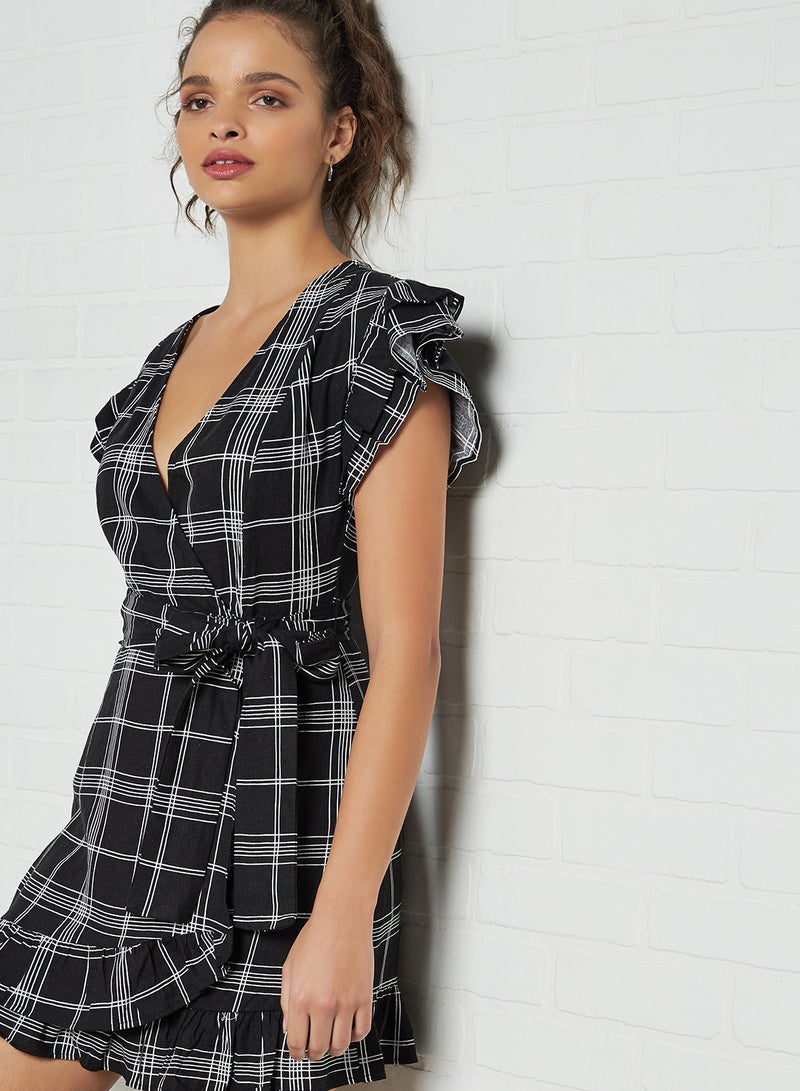 Generic Grid Print Mock Wrap Dress Black/Cream  - Image 4