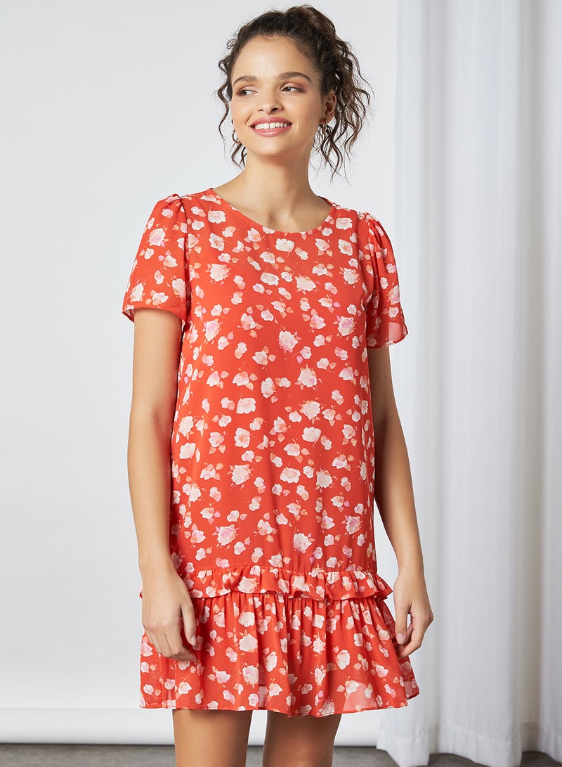 Generic Chiffon Floral Pattern Tiered Dress Red/Cream  - Image 1
