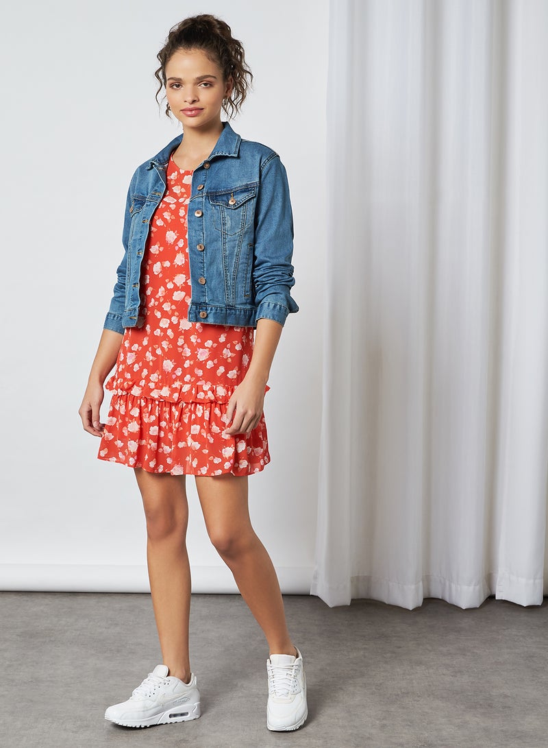 Generic Chiffon Floral Pattern Tiered Dress Red/Cream  - Image 3