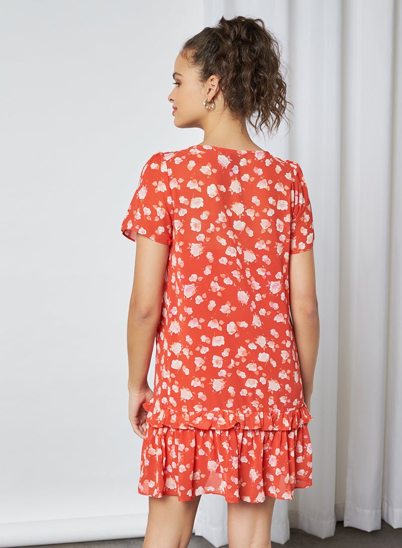 Generic Chiffon Floral Pattern Tiered Dress Red/Cream  - Image 2
