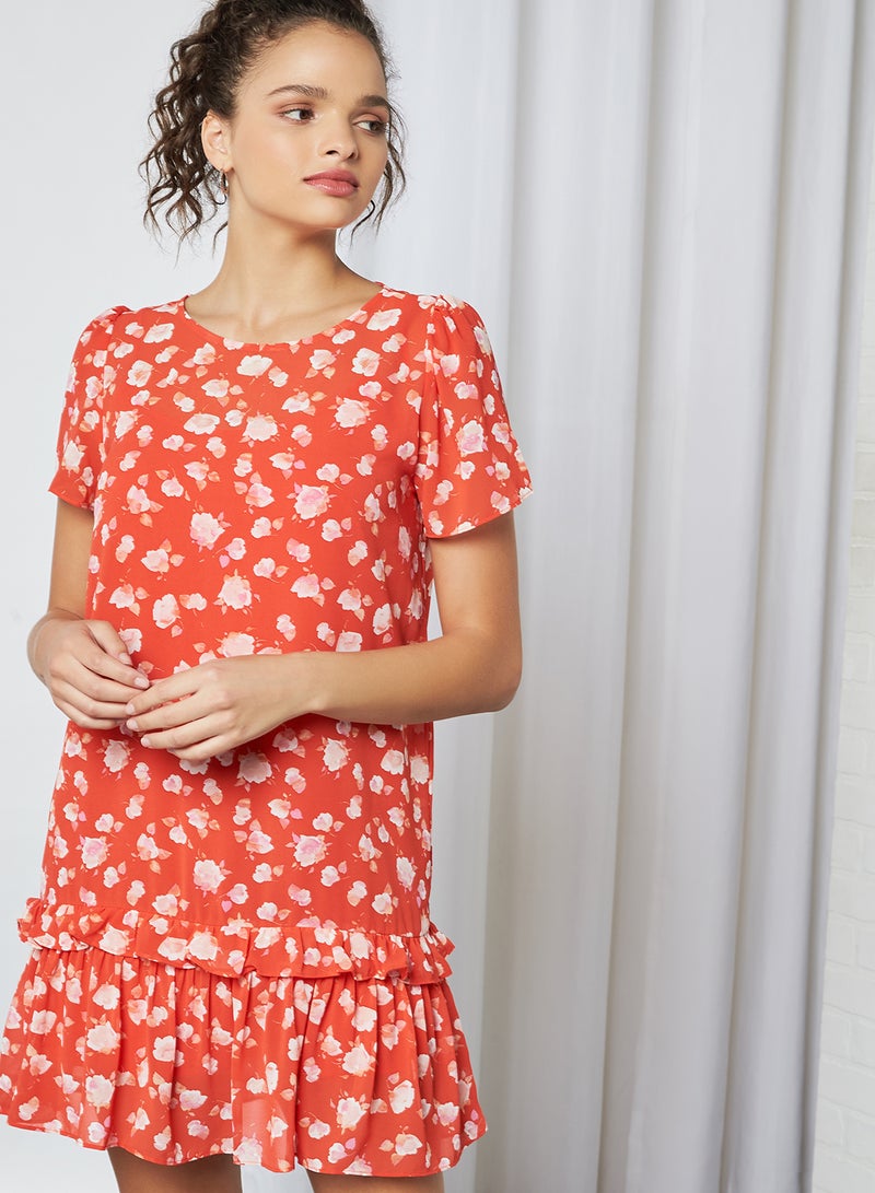 Generic Chiffon Floral Pattern Tiered Dress Red/Cream  - Image 4
