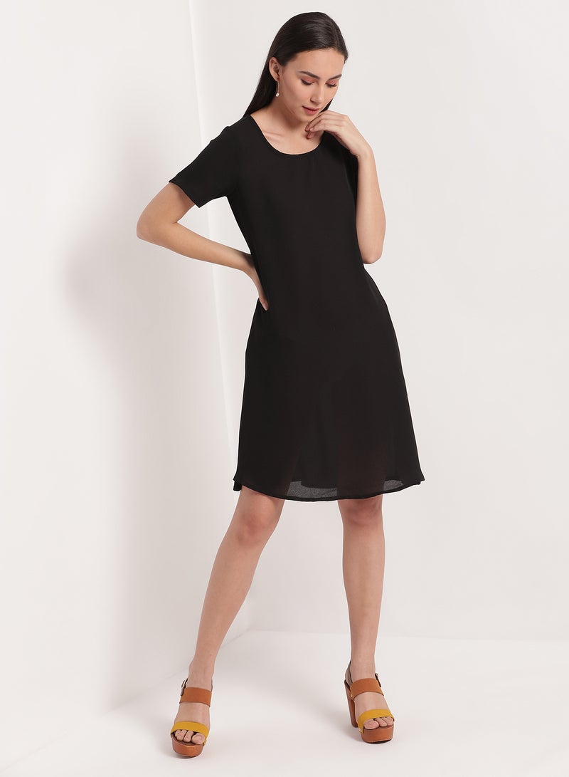 Aila Short Sleeves Crepe A-Line Dress 131 Black  - Image 1