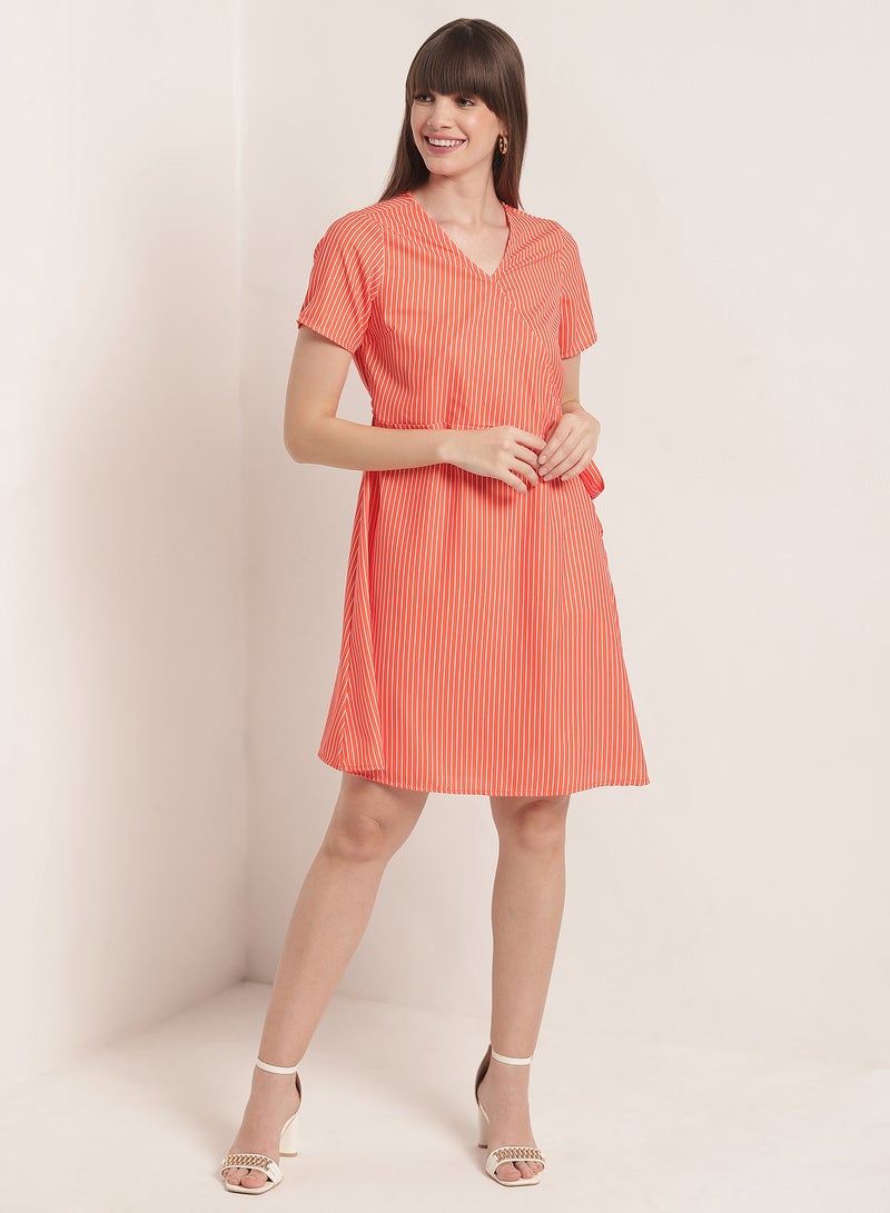 Aila Short Sleeves Wrap Dress 137 Orange  - Image 1