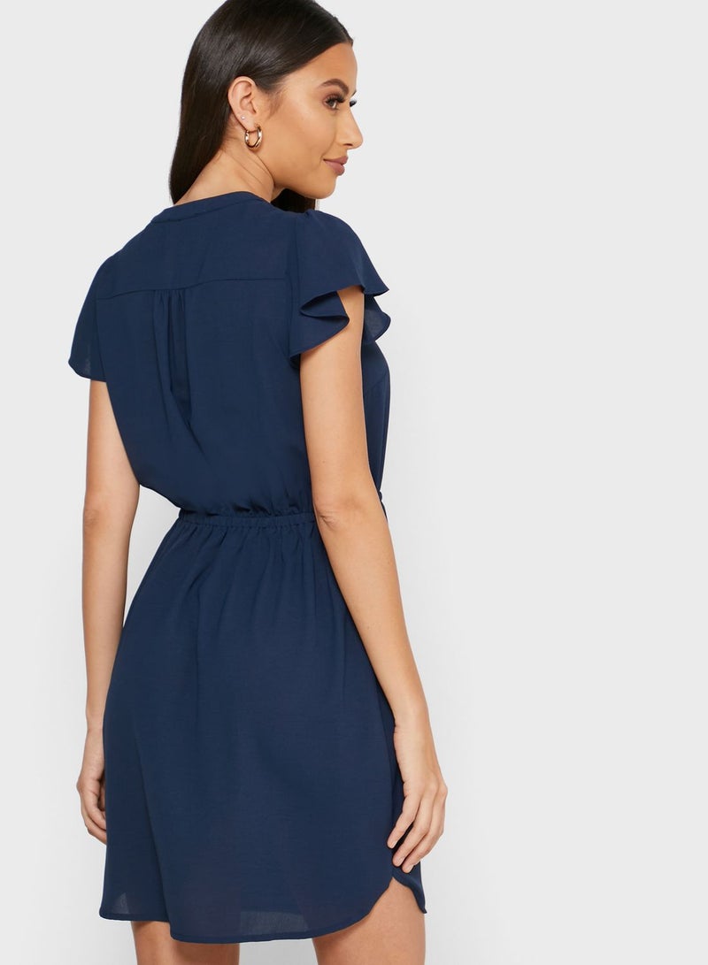 Reserved Flute Sleeve Button Detail Dress Navy - Image 2