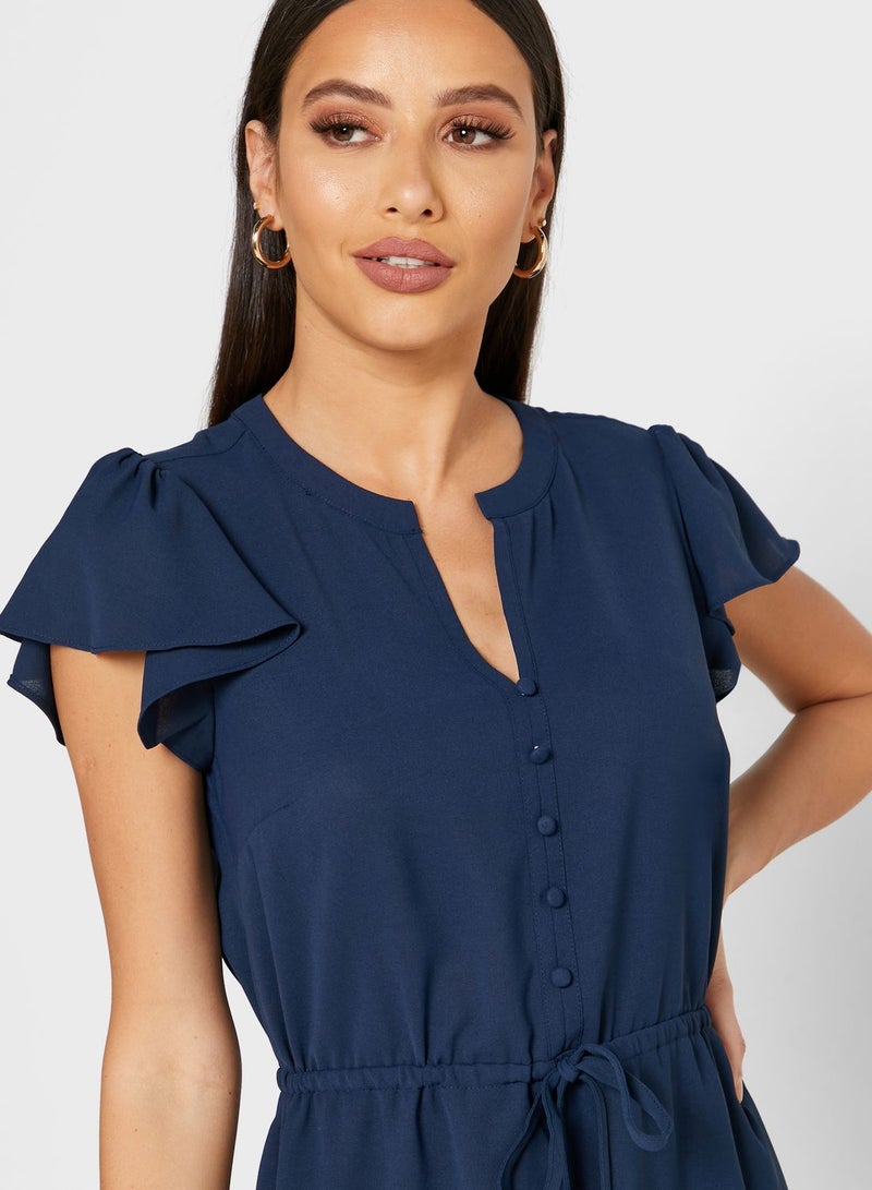 Reserved Flute Sleeve Button Detail Dress Navy - Image 3