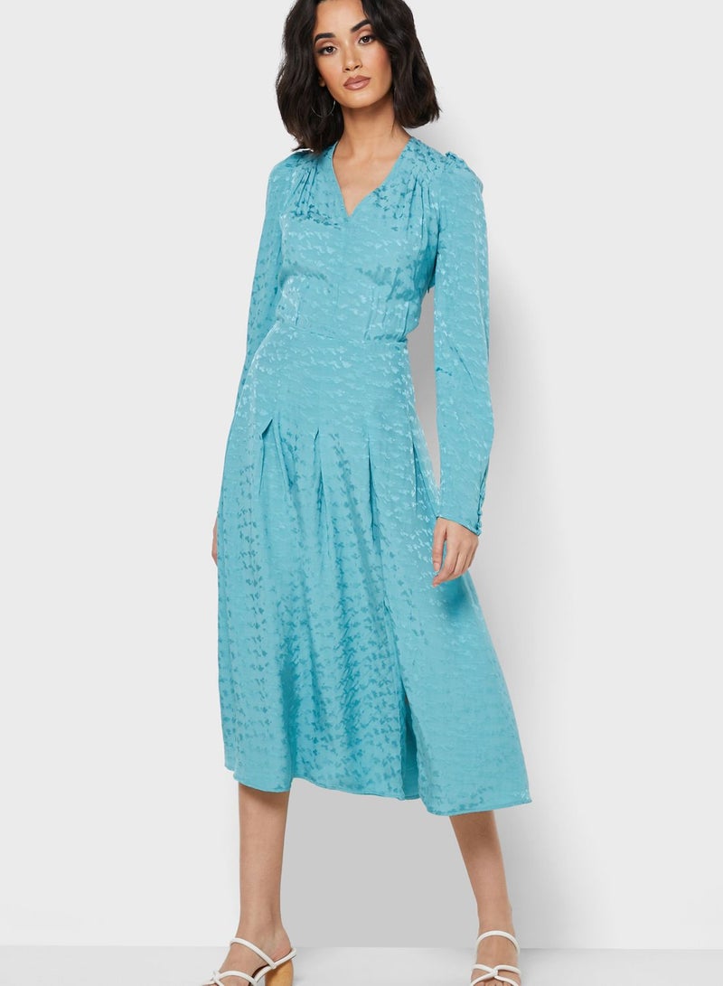 Reserved V-Neck Pleated Dress Blue - Image 1