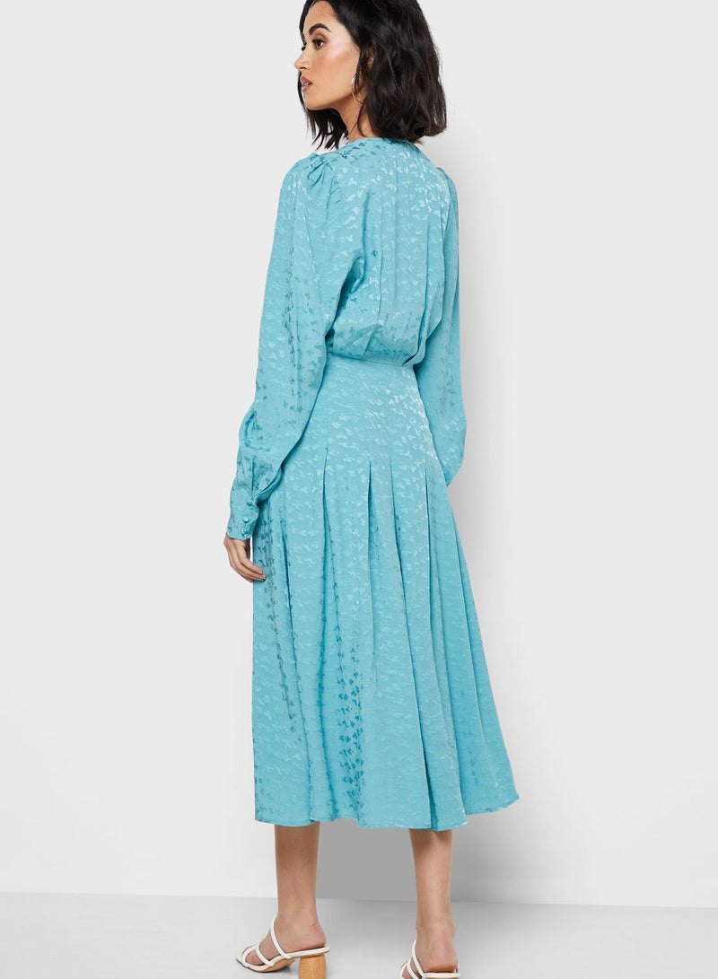 Reserved V-Neck Pleated Dress Blue - Image 2