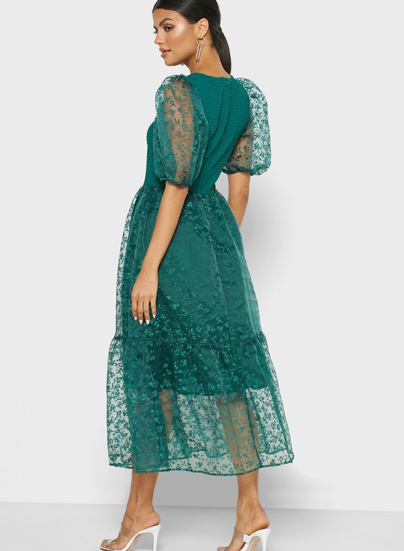 Reserved Puff Sleeve Mesh Dress Green - Image 2