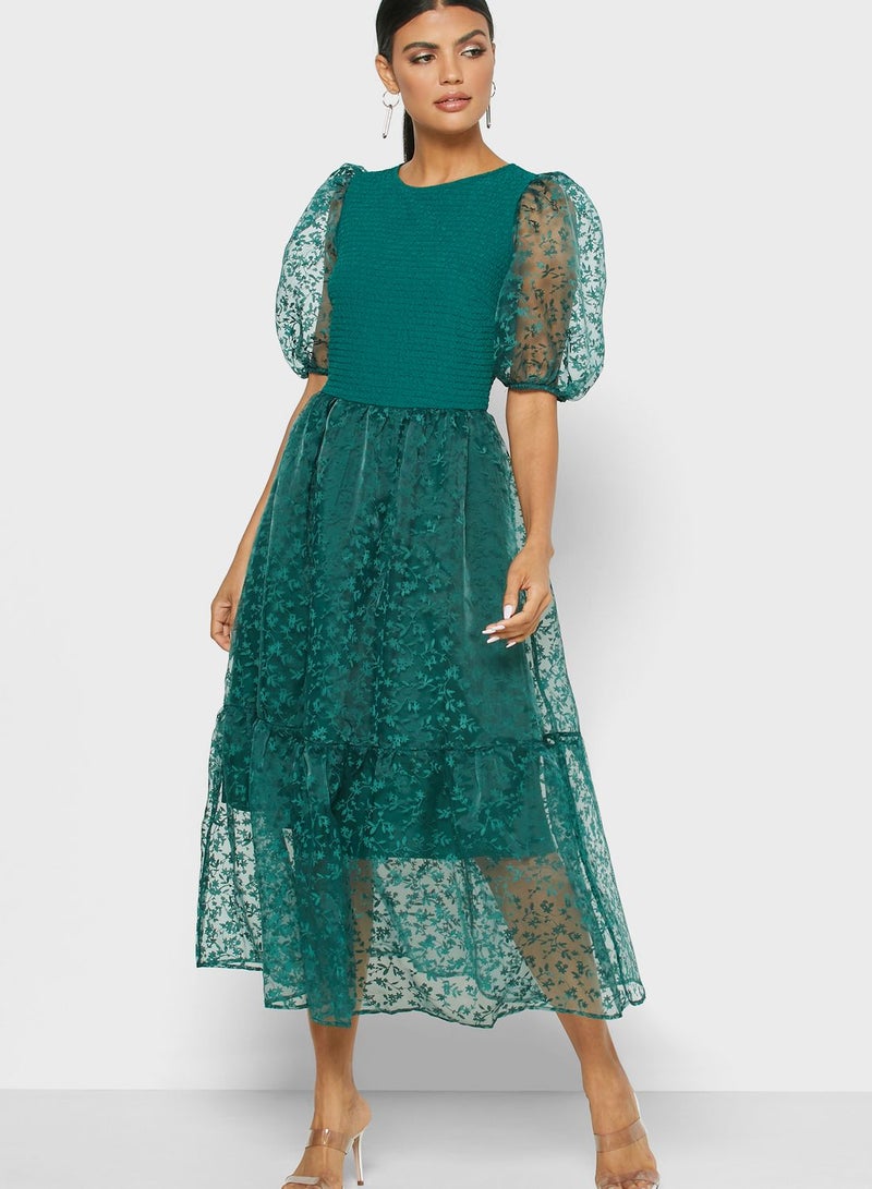 Reserved Puff Sleeve Mesh Dress Green - Image 4