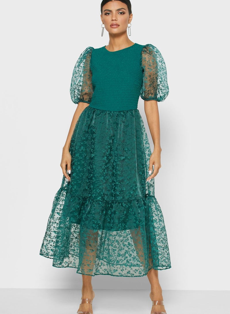 Reserved Puff Sleeve Mesh Dress Green - Image 1