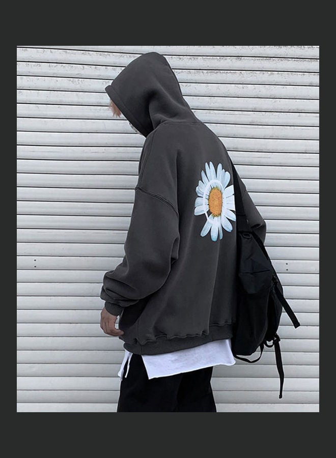 Chrysanthemum Print Simple Sweatshirt Dark Grey - Image 4