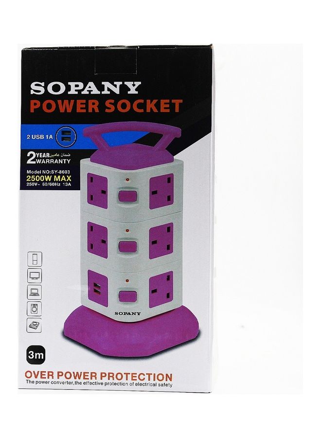 مقبس طاقة عمودي متعدد الوظائف بطول 3 أمتار مزود بمنفذي USB و12 مقبس للشحن متعدد الألوان 3متر - Image 4