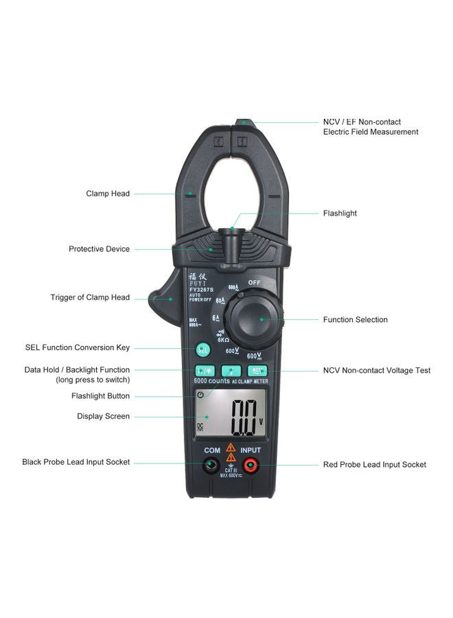 FUYI - AC Clamp Meter 6000 Count High Precision Automatic Range Black 21.00 X 4.00 X 11.60cm - Image 1