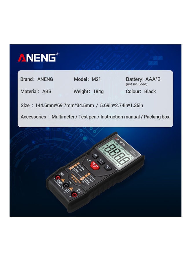 ANENG M21 Digital Auto Multimeter Meter with Backlight 6000 Counts Voltage Current Resistance Measurement Test Ammeter Voltmeter LCD Display Black 16.50 X 5.00 X 10.50cm - Image 4