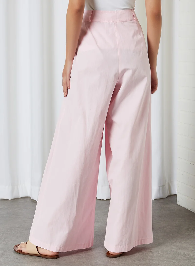 ELEGANZA Waist Belt Button Wide Leg Pants Pink