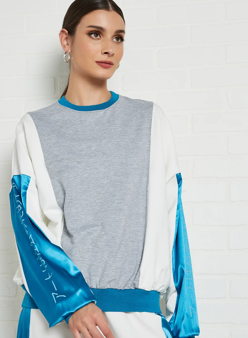 ELEGANZA Stripes Pattern Long Sleeve Blouse Grey Blue