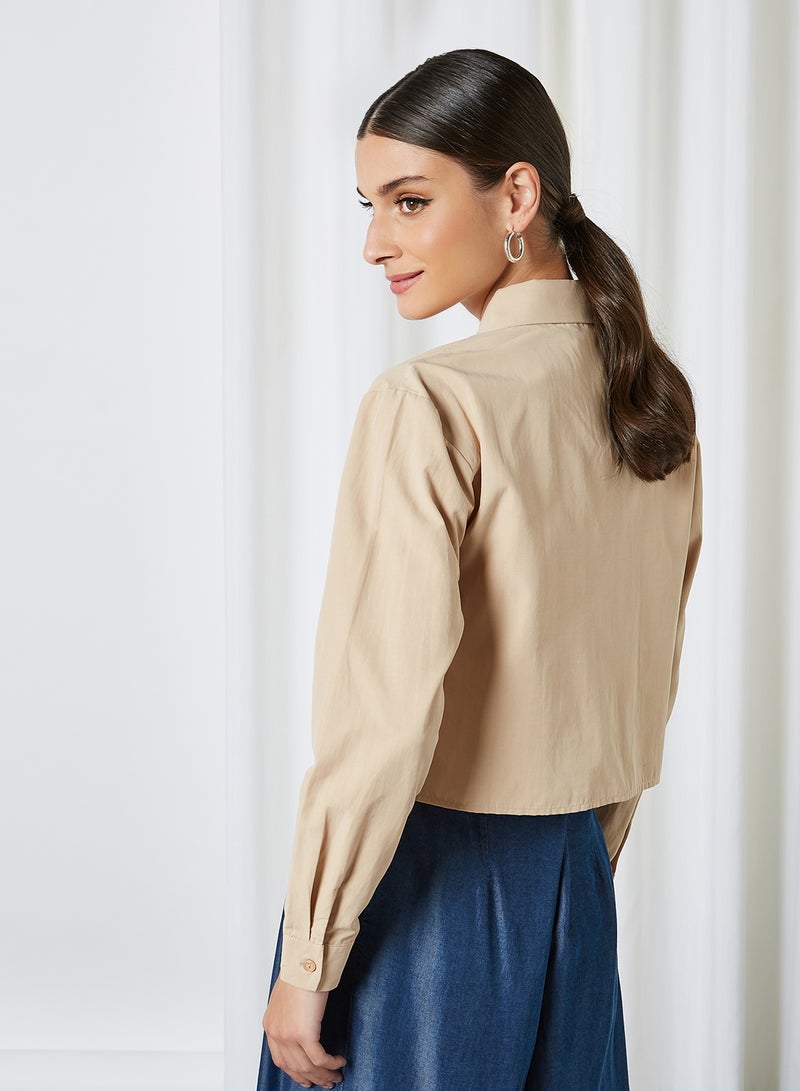 ELEGANZA - Crop Poplin Long Sleeve Blouse Beige - Image 1