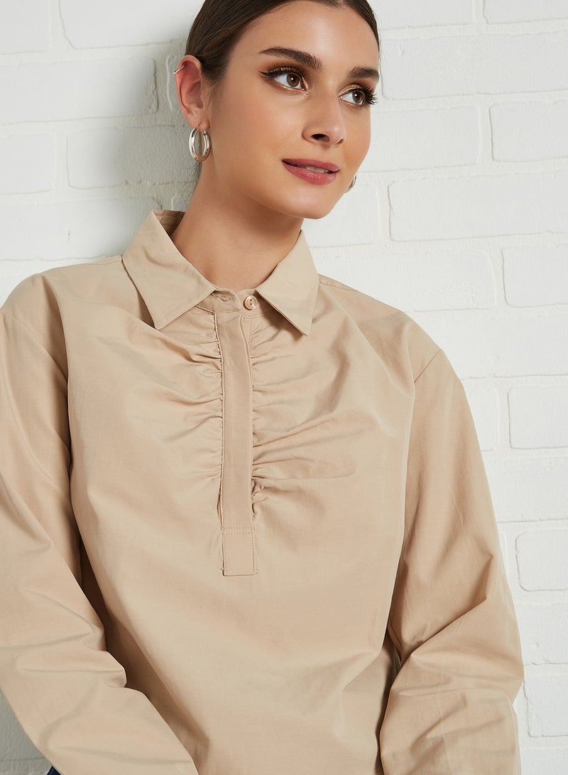 ELEGANZA - Crop Poplin Long Sleeve Blouse Beige - Image 1