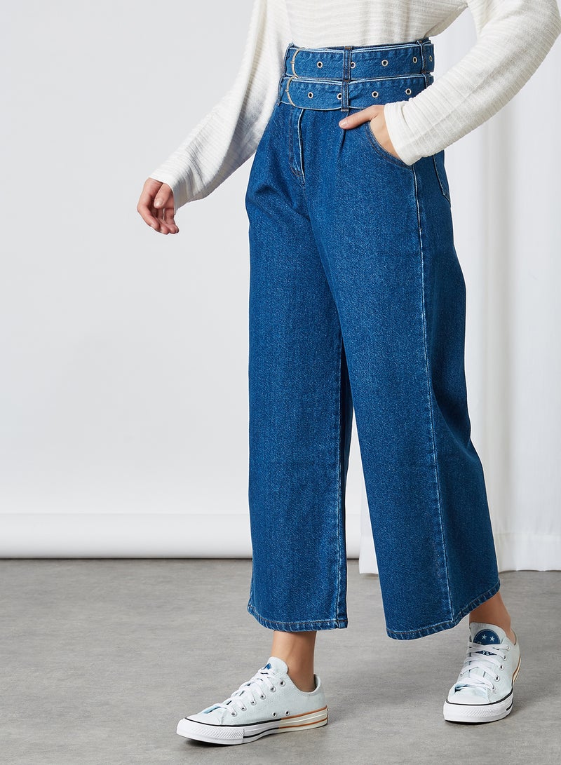 ELEGANZA - Double Belted Wide Leg Pants Denim - Image 1