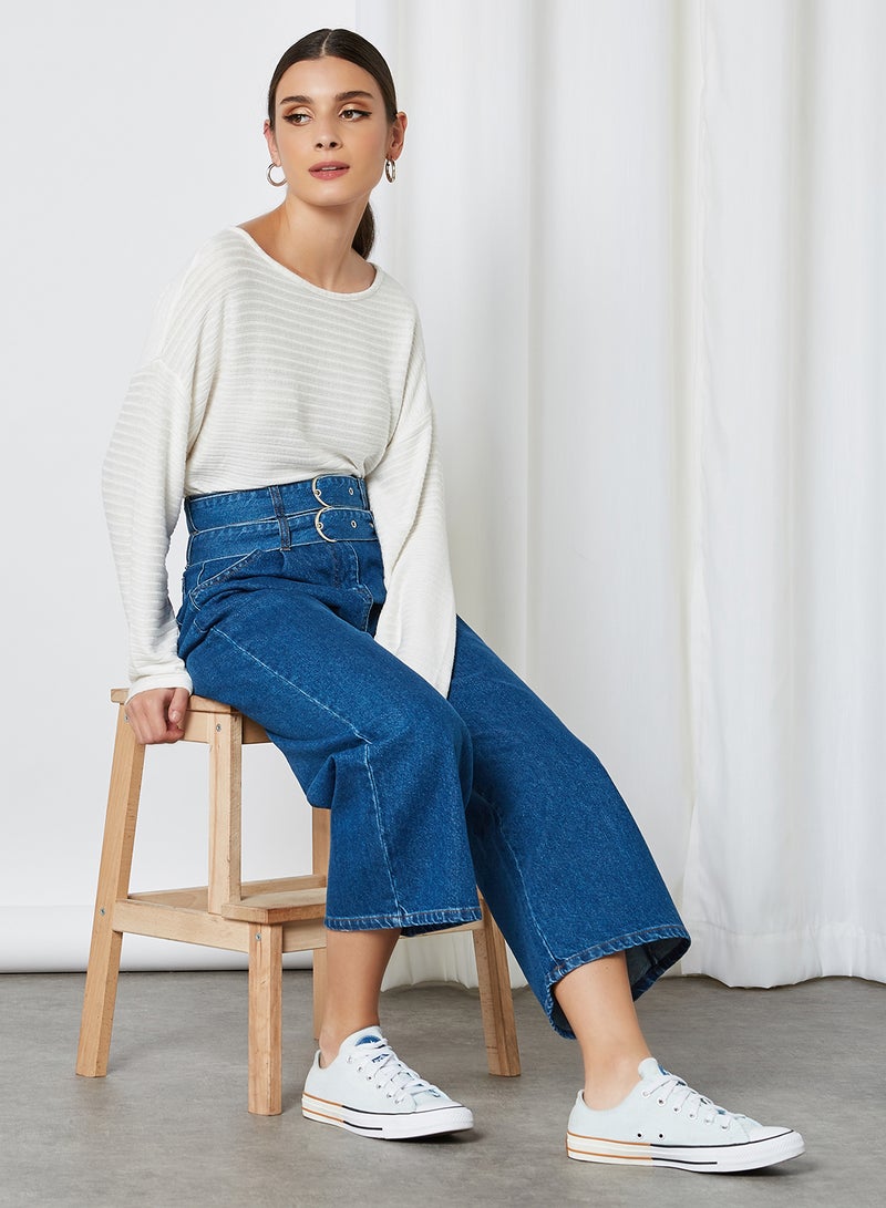 ELEGANZA - Double Belted Wide Leg Pants Denim - Image 1