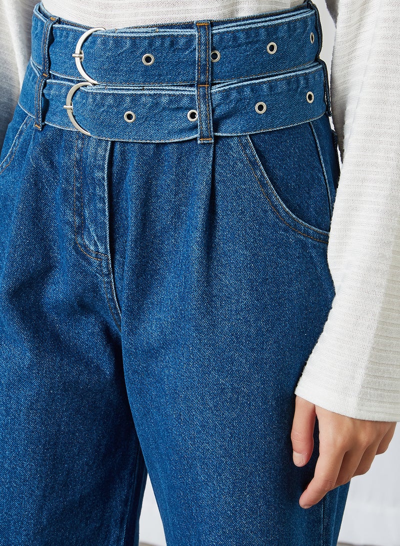 ELEGANZA - Double Belted Wide Leg Pants Denim - Image 1